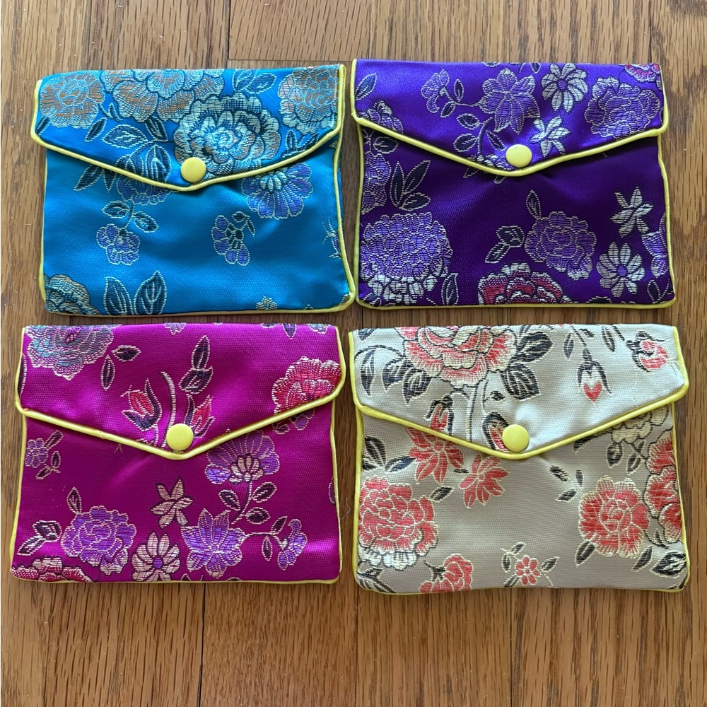 Set of 4 Satin Brocade Travel Jewelry Pouches • Organizer Coin Purse Bundle